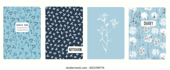 Set of cover page templates based on patterns with hand drawn dandelion flowers, inflorescence, crosses. Backgrounds for notebooks, notepads, diaries. Headers isolated and replaceable