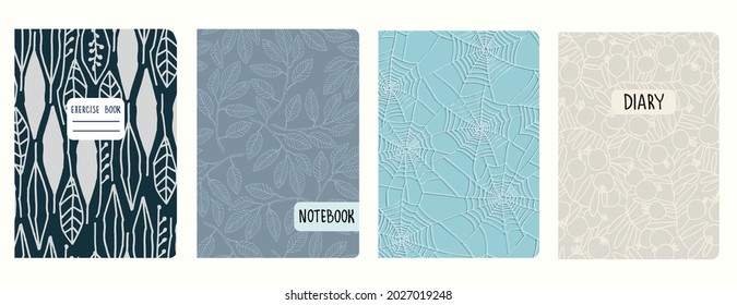 Set of cover page templates based on seamless patterns with hand drawn pomegranate, branches, leaves, spider web. Backgrounds for notebooks, notepads, diaries. Headers isolated and replaceable