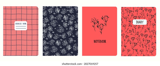 Set of cover page templates based on patterns with hand drawn flowers in ditsy style and gridline. Backgrounds for notebooks, notepads, diaries. Headers isolated and replaceable