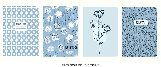 Set of cover page templates based on patterns with hand drawn circlres, dandelions, wildflowers. Backgrounds for notebooks, notepads, diaries. Headers isolated and replaceable