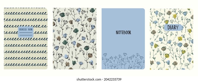 Set of cover page templates based on patterns with hand drawn flowers in ditsy style and spiral lines. Backgrounds for notebooks, notepads, diaries. Headers isolated and replaceable