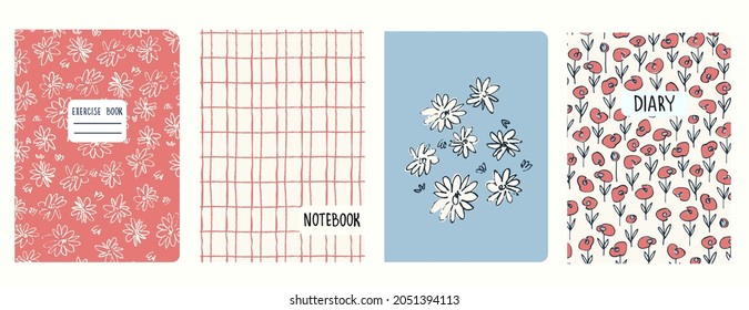 Set of cover page templates based on patterns with anemone, poppy flowers in Ditzy style and gridlines . Backgrounds for notebooks, notepads, diaries. Headers isolated and replaceable