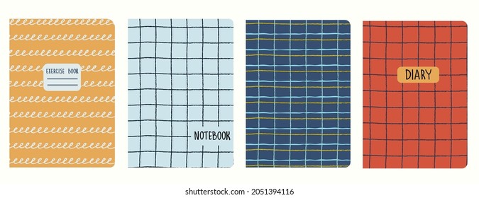 Set of cover page templates based on grid seamless patterns. Plaid backgrounds for school notebooks, diaries. Headers isolated and replaceable