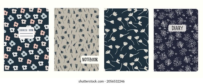 Set of cover page templates based on seamless patterns with viola and other flowers in Ditzy style, dark colors. Backgrounds for notebooks, notepads, diaries. Headers isolated and replaceable