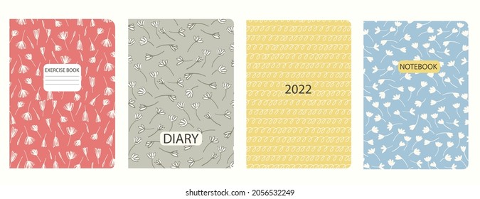 Set of cover page templates based on seamless patterns in boho colors with flowers and spiral lines, in pastel colors. Backgrounds for notebooks, notepads, diaries. Headers isolated and replaceable