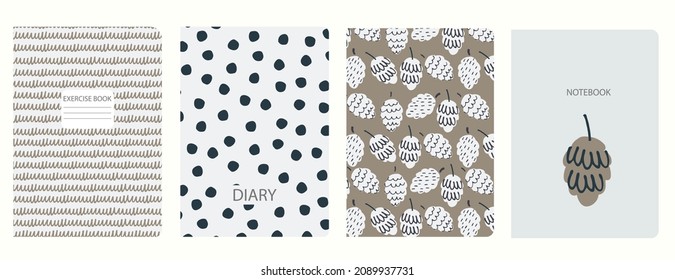 Set of cover page templates based on patterns with fir cones, polka dot, scribble. Beige-colored pastel backgrounds for notebooks, notepads, diaries. Headers isolated, replaceable