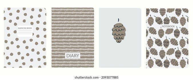 Set of cover page templates based on patterns with fir cones, polka dot, scribble. Beige-colored pastel backgrounds for notebooks, notepads, diaries, planner. Headers isolated, replaceable