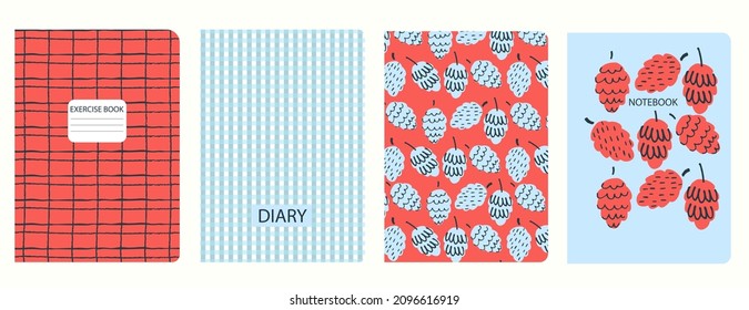 Set of cover page templates based on patterns with fir cones, plaid, gingham checks. Red and blue pastel backgrounds for notebooks, notepads, diaries, planner. Headers isolated, replaceable