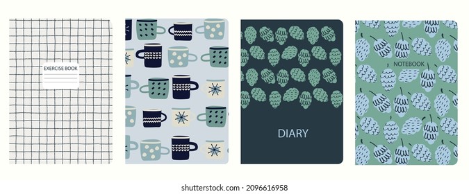 Set of cover page templates based on patterns with fir cones, hand drawn cups, plaid. Light and dark pastel backgrounds for notebooks, notepads, diaries, planner. Headers isolated, replaceable