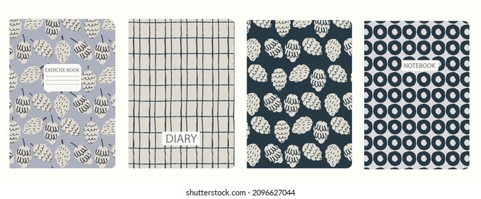 Set of cover page templates based on patterns with fir cones, plaid, abstract circles. Blue, Beige-colored, pastel backgrounds for notebooks, notepads, diaries, planner. Headers isolated, replaceable