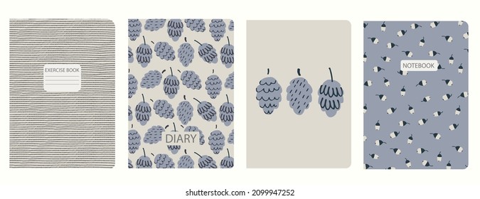 Set of cover page templates based on patterns with fir cones, acorns, scribble. Blue, Beige-colored, pastel backgrounds for notebooks, notepads, diaries, planner. Headers isolated, replaceable