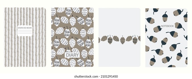 Set of cover page templates based on patterns with fir cones, acorns, scribble. Beige-colored, pastel backgrounds for notebooks, notepads, diaries, planner. Headers isolated, replaceable