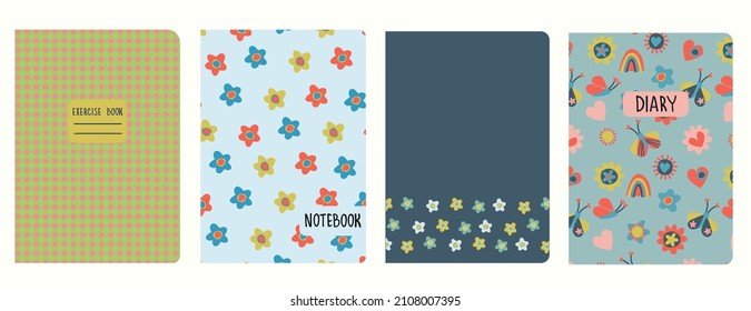 Set of cover page templates based on patterns with hand drawn flowers in Retro 60s, 70s design. Backgrounds for notebooks, notepads, diaries. Headers isolated and replaceable