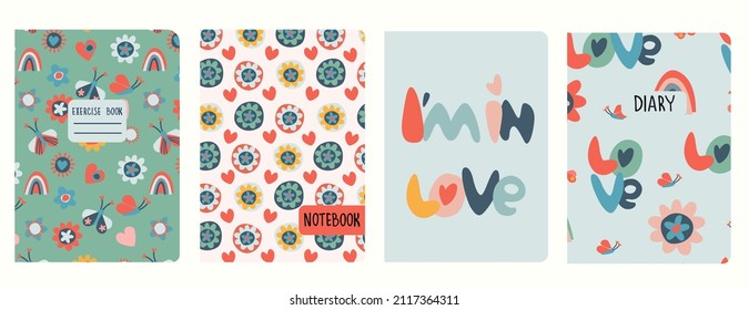 Set von Titelseiten-Vorlagen basierend auf Mustern mit handgezeichneten Blumen und Herten in Retro 60s, 70s Design, Liebeskonzept. Hintergründe für Notebooks, Notebooks, Tagebücher. Kopfzeilen einzeln und auswechselbar