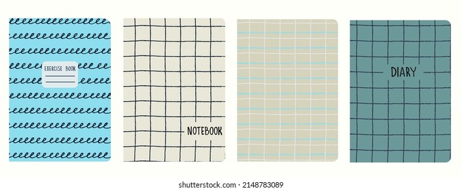 Set of cover page templates based on grid seamless patterns, spiral lines pattern. Plaid backgrounds for school notebooks, diaries. Headers isolated and replaceable