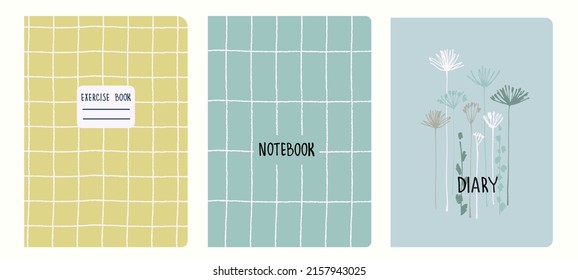 Set of cover page templates based on grid seamless patterns, spiral lines. Plaid backgrounds for school notebooks, diaries. Headers isolated and replaceable