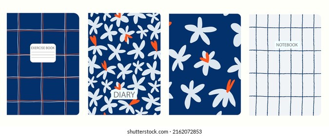 Set of cover page templates based on patterns with anemone, poppy flowers in Ditzy style and gridlines. Backgrounds for notebooks, notepads, diaries. Headers isolated and replaceable