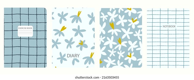 Set of cover page templates based on patterns with anemone, poppy flowers in Ditzy style and gridlines. Backgrounds for notebooks, notepads, diaries. Headers isolated and replaceable