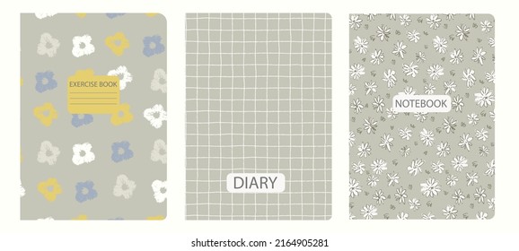 Set of cover page templates based on patterns with anemone, poppy flowers in Ditzy style and gridlines. Backgrounds for notebooks, notepads, diaries. Headers isolated and replaceable