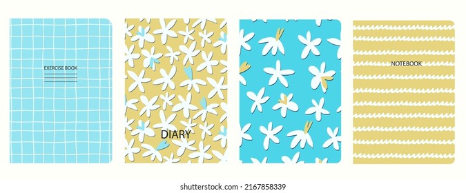 Set of cover page templates based on patterns with anemone, poppy flowers in Ditzy style and gridlines. Backgrounds for notebooks, notepads, diaries. Headers isolated and replaceable