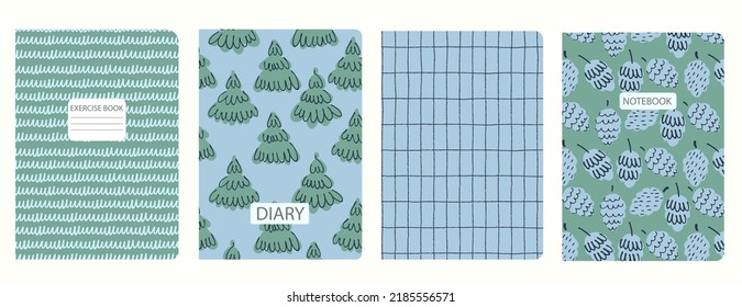 Set of cover page templates based on patterns with fir cones, polka dot, scribble, spruce, tree. Beige-colored pastel backgrounds for notebooks, notepads, diaries. Headers isolated, replaceable