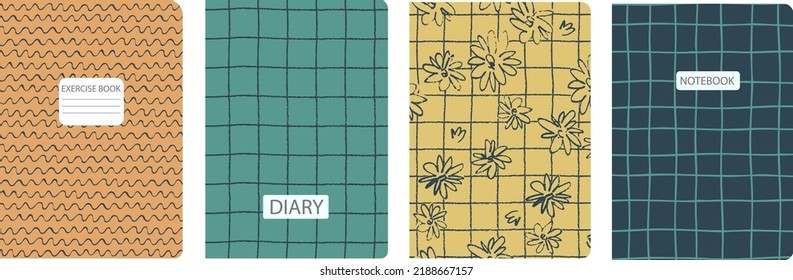 Set of cover page templates based on grid seamless patterns, spiral lines pattern. Plaid backgrounds for school notebooks, diaries. Headers isolated and replaceable