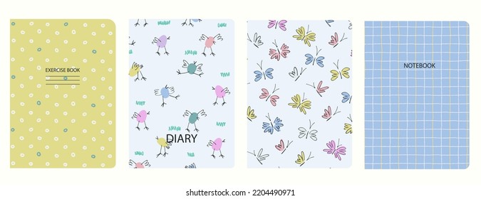 Set of cover page templates based on patterns with chickens, birds, butterflies, moths, plaid, abstract circles. Blue, Backgrounds for notebooks, notepads, diaries, planner. Headers isolated