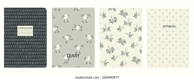 Set of cover page templates based on patterns with chickens, birds, butterflies, moths, plaid, abstract circles. Blue, Backgrounds for notebooks, notepads, diaries, planner. Headers isolated