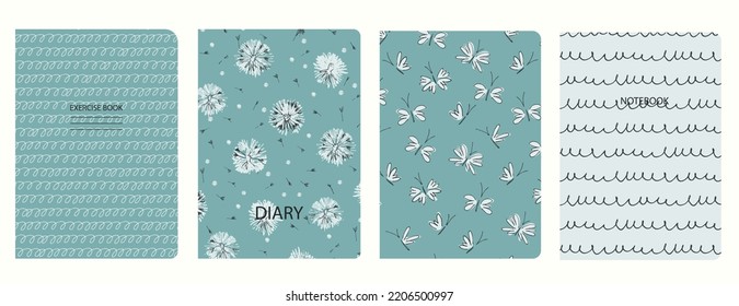 Set of cover page templates based on patterns with chickens, birds, butterflies, moths, plaid, abstract circles. Blue, Backgrounds for notebooks, notepads, diaries, planner. Headers isolated