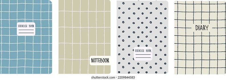 Set of cover page templates based on grid seamless patterns, spiral lines, polka dot pattern. Plaid backgrounds for school notebooks, diaries. Headers isolated and replaceable