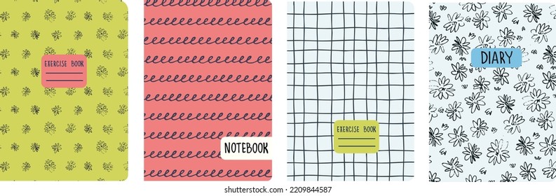 Set of cover page templates based on grid seamless patterns, spiral lines, flower pattern. Plaid backgrounds for school notebooks, diaries. Headers isolated and replaceable