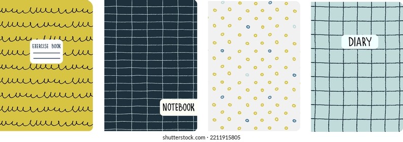 Set of cover page templates based on grid seamless patterns, spiral lines, polka dot pattern. Plaid backgrounds for school notebooks, diaries. Headers isolated and replaceable