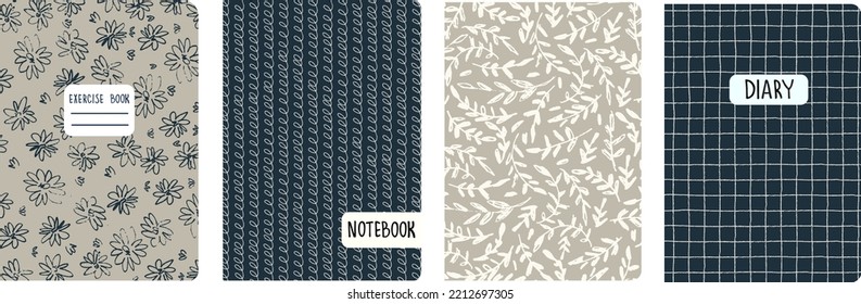 Set of cover page templates based on grid seamless patterns, spiral lines, flower pattern. Plaid backgrounds for school notebooks, diaries. Headers isolated and replaceable