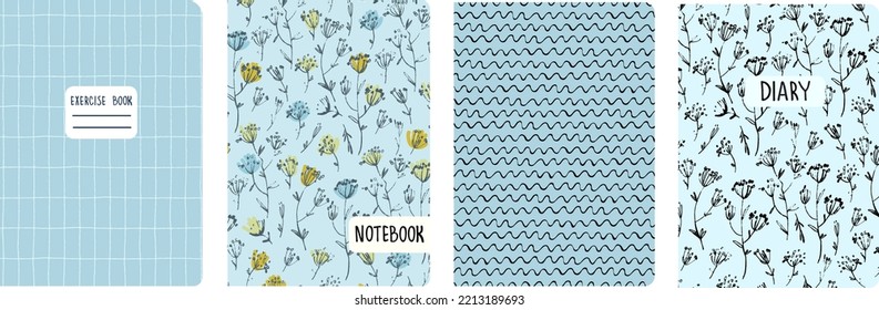 Set of cover page templates based on grid seamless patterns, spiral lines, flower pattern. Plaid backgrounds for school notebooks, diaries. Headers isolated and replaceable