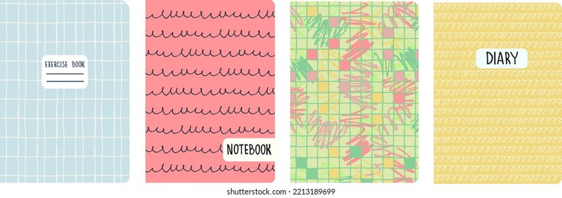 Set of cover page templates based on grid seamless patterns, spiral lines, polka dot pattern. Plaid backgrounds for school notebooks, diaries. Headers isolated and replaceable