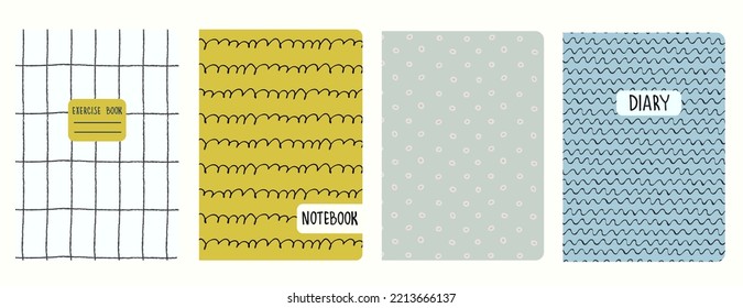 Set of cover page templates based on grid seamless patterns, spiral lines, polka dot pattern. Plaid backgrounds for school notebooks, diaries. Headers isolated and replaceable