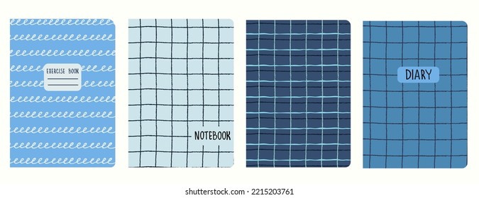 Set of cover page templates based on grid seamless patterns, spiral lines, polka dot pattern. Plaid backgrounds for school notebooks, diaries. Headers isolated and replaceable