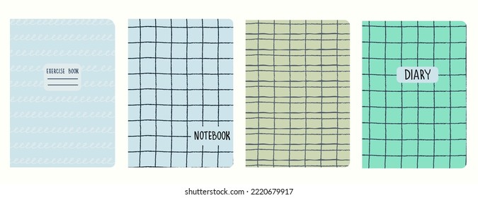 Set of cover page templates based on grid seamless patterns, spiral lines, polka dot pattern. Plaid backgrounds for school notebooks, diaries. Headers isolated and replaceable