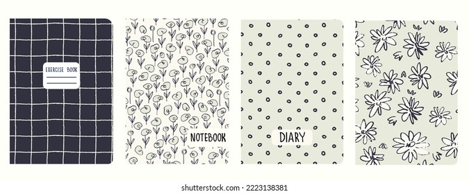Set of cover page templates based on grid seamless patterns, spiral lines, polka dot pattern. Plaid backgrounds for school notebooks, diaries. Headers isolated and replaceable