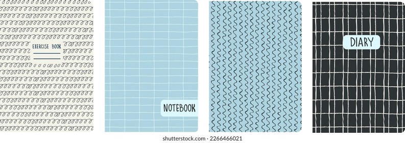 Set of cover page templates based on grid seamless patterns, spiral lines, polka dot pattern. Plaid backgrounds for school notebooks, diaries. Headers isolated and replaceable