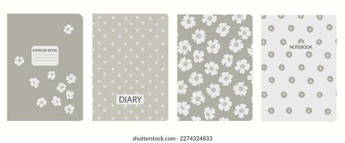 Set of cover page templates based on grid seamless patterns, spiral lines, flower pattern. Plaid backgrounds for school notebooks, diaries. Headers isolated and replaceable