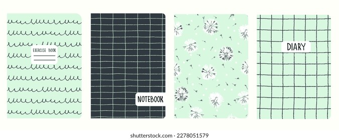 Set of cover page templates based on grid seamless patterns, spiral lines, polka dot pattern. Plaid backgrounds for school notebooks, diaries. Headers isolated and replaceable