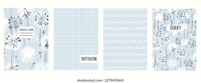 Set of cover page templates based on grid seamless patterns, spiral lines, polka dot pattern. Plaid backgrounds for school notebooks, diaries. Headers isolated and replaceable