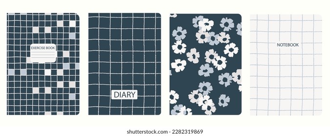 Set of cover page templates based on grid seamless patterns, spiral lines, flower pattern. Plaid backgrounds for school notebooks, diaries. Headers isolated and replaceable