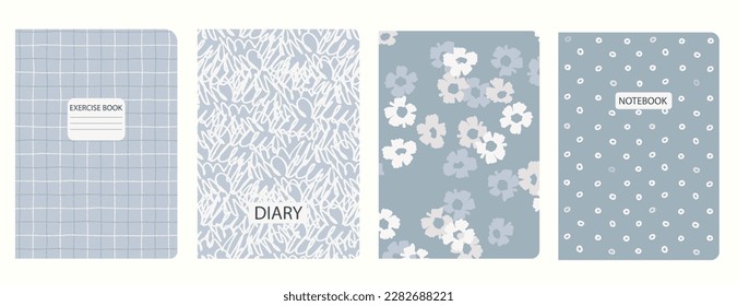 Set of cover page templates based on grid seamless patterns, spiral lines, flower pattern. Plaid backgrounds for school notebooks, diaries. Headers isolated and replaceable