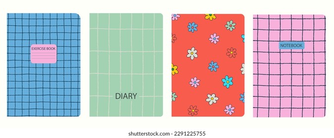 Set of cover page templates based on grid seamless patterns, spiral lines, flower pattern. Plaid backgrounds for school notebooks, diaries. Headers isolated and replaceable