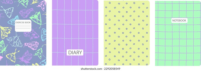 Set of cover page templates based on patterns with butterflies, moths, plaid, abstract circles for notebooks, notepads, diaries, planner. Headers isolated