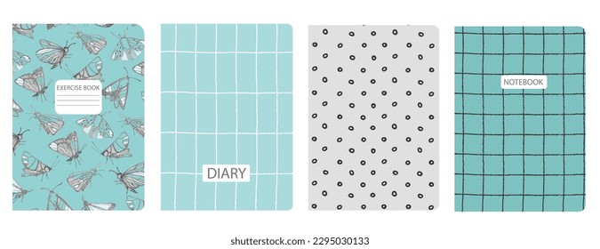 Set of cover page templates based on patterns with butterflies, moths, plaid, abstract circles for notebooks, notepads, diaries, planner. Headers isolated