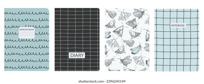 Conjunto de plantillas de portada basadas en patrones con mariposas, polillas, círculos abstractos y estratificados para cuadernos, notas, diarios, planificadores. Cabeceras aisladas