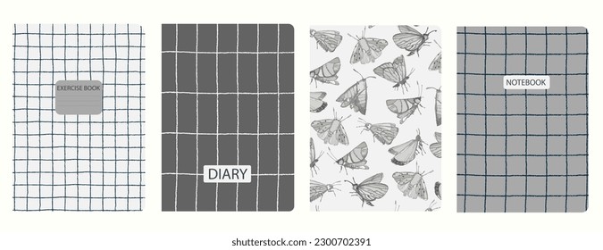 Set of cover page templates based on patterns with butterflies, moths, plaid, abstract circles for notebooks, notepads, diaries, planner. Headers isolated